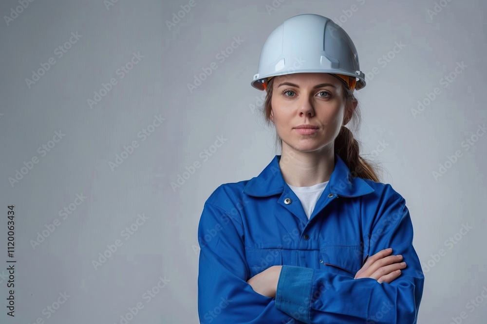Pretty young cross armed female engineer in blue workwear and safety helmet standing in isolation Pretty young cross armed female engineer in blue workwear and safety helmet standing in isolation