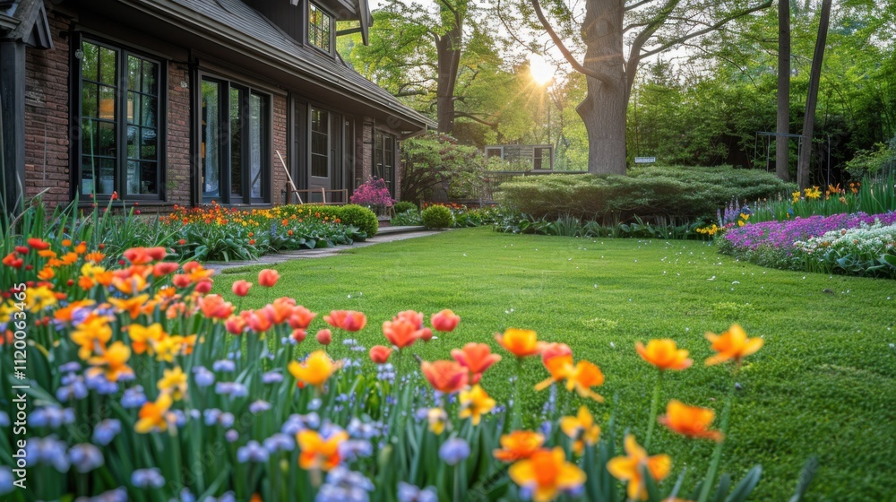 Fototapeta premium Joyful Garden with Blooming Daffodils and Tulips