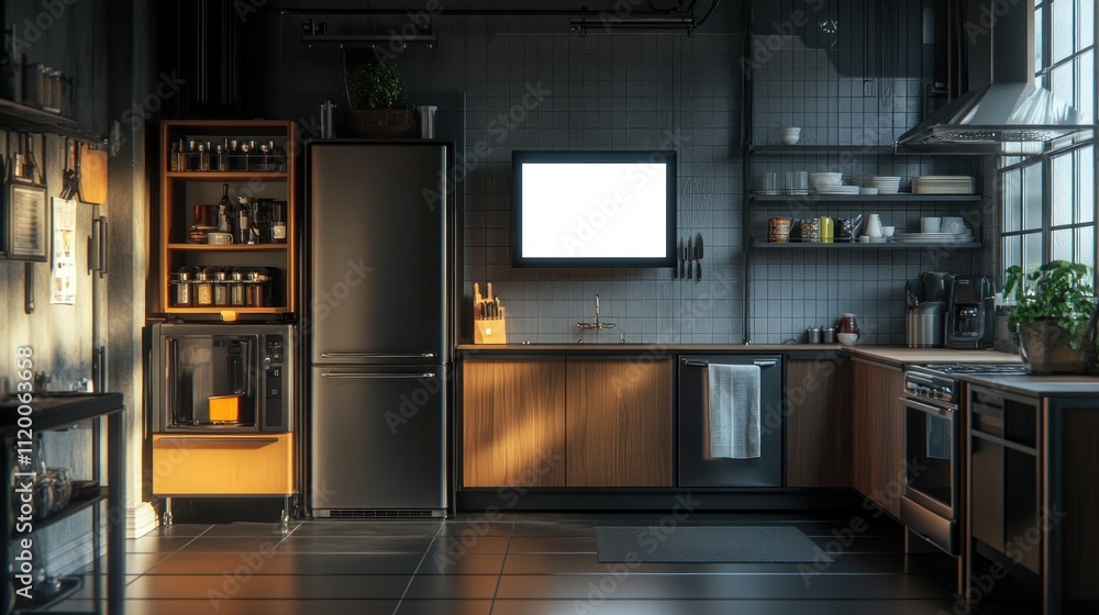 A modern industrial kitchen with a blank screen on the wall. A modern industrial kitchen with a blank screen on the wall.
