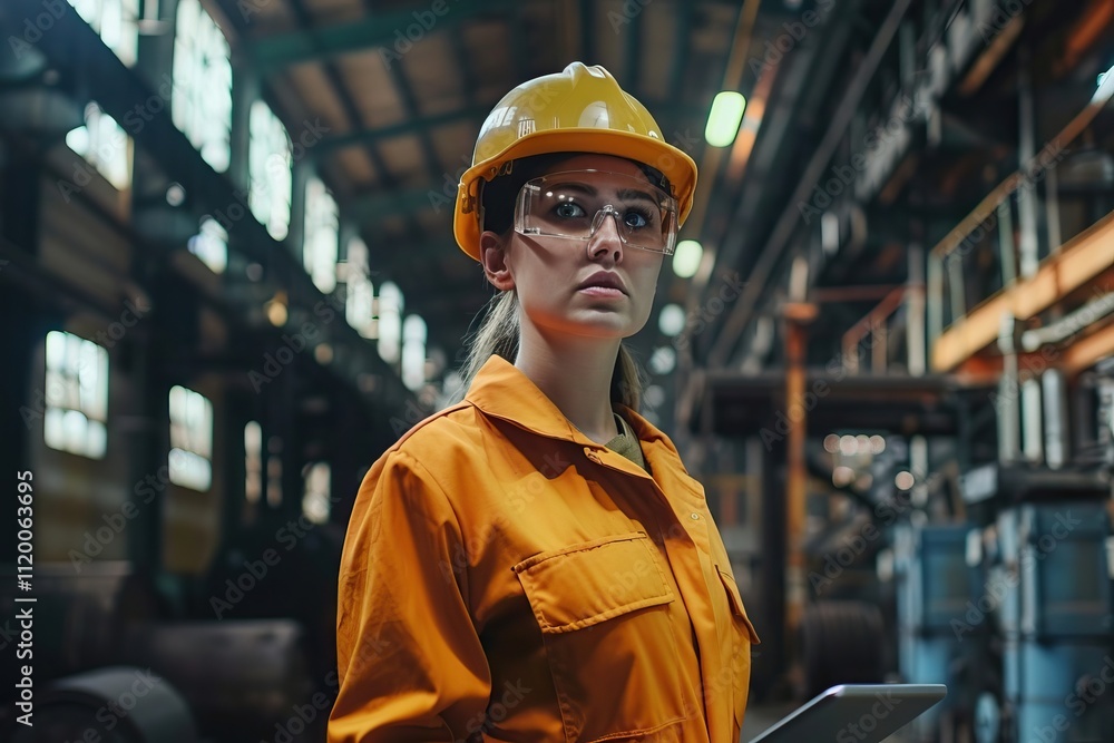 Female engineer in safety gear uses tablet in metal warehouse. Female engineer in safety gear uses tablet in metal warehouse.