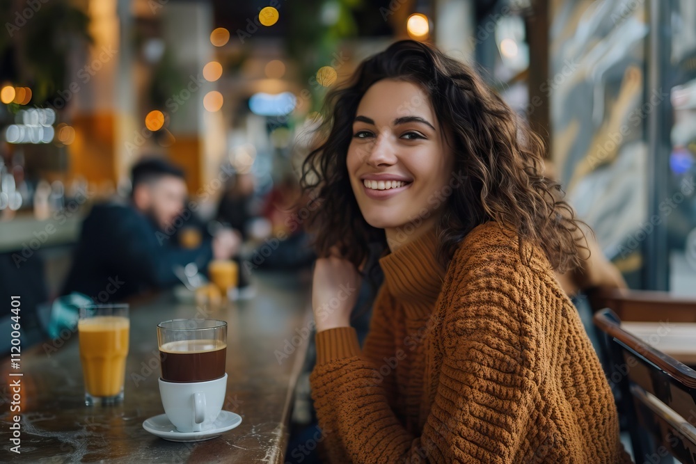 Smiling woman during coffee break Smiling woman during coffee break