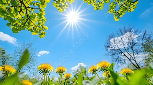 A photograph of dandelions growing in the grass, with a blue sky and the sun shining brightly