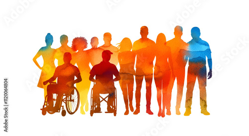 Diversity and inclusion concept, watercolor  silhouettes of a wheelchair user and diverse social and ethical group standing in unity and support 