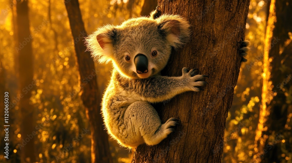 A cute koala bear sitting on a tree trunk in a forest, with the golden sunlight shining through the leaves in the background. A cute koala bear sitting on a tree trunk in a forest, with the golden sunlight shining through the leaves in the background.