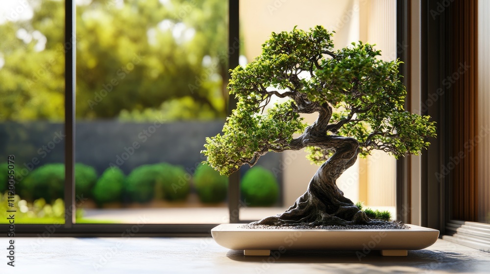 Small bonsai tree with intricate design, placed on a stylish stand at the front corner of a contemporary house Small bonsai tree with intricate design, placed on a stylish stand at the front corner of a contemporary house