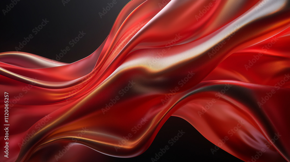 Obraz premium Dynamic golden and red silk wave with smooth flowing texture, abstract 3D rendering, luxury motion concept, elegant design, modern metallic finish, dark copy space.