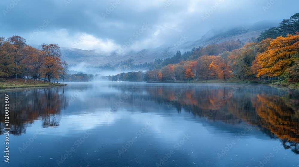 Serene Autumn Lake at Twilight with Rising Mist Serene Autumn Lake at Twilight with Rising Mist