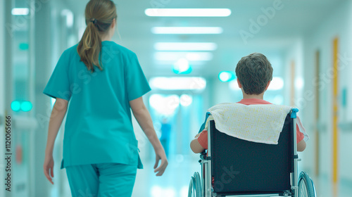 Nurse Assisting Patient in Wheelchair in Modern Hospital Hallway photo