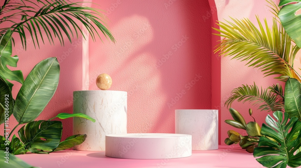 Tropical pink setup with marble pedestals and lush greenery Tropical pink setup with marble pedestals and lush greenery
