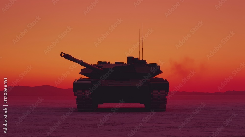Tank Silhouette Against Sunset in Desert Landscape Military Vehicle Dramatic Scene Desert Rear View Warfare Concept Tank Silhouette Against Sunset in Desert Landscape Military Vehicle Dramatic Scene Desert Rear View Warfare Concept