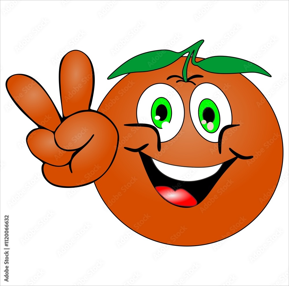 Obraz premium emoji em forma de laranja na cor laranja olhos verde folhas verde feliz com gesto de paz