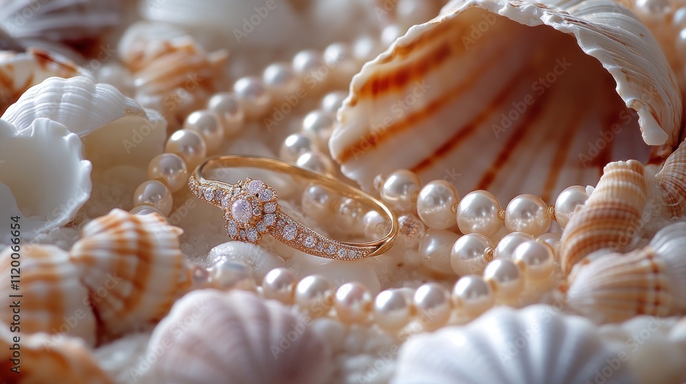 A golden ring and pearl necklace sit amongst seashells on a white background. A golden ring and pearl necklace sit amongst seashells on a white background.