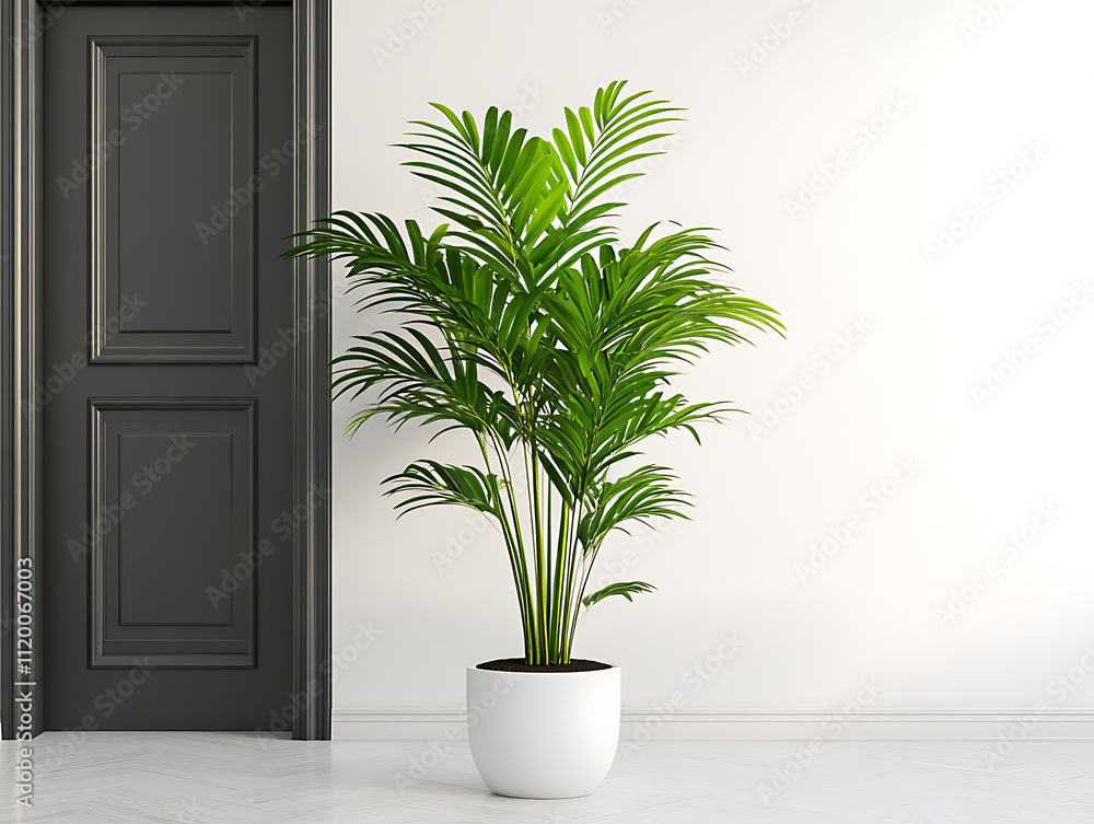 Fototapeta premium A tall yellow plant in a white pot sits in front of a white wall with a black door Fantasy Woods Deep green soft brown moss cream Screen Printing