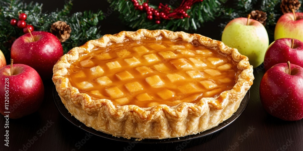 Winter season with classic pie concept. Delicious apple pie with decorative crust and festive decor Winter season with classic pie concept. Delicious apple pie with decorative crust and festive decor