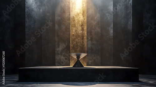  3D rendering of a dark and moody stage with a spotlight illuminating a silver goblet in the center Black and Gold Jet black gold cream white Gothic Style