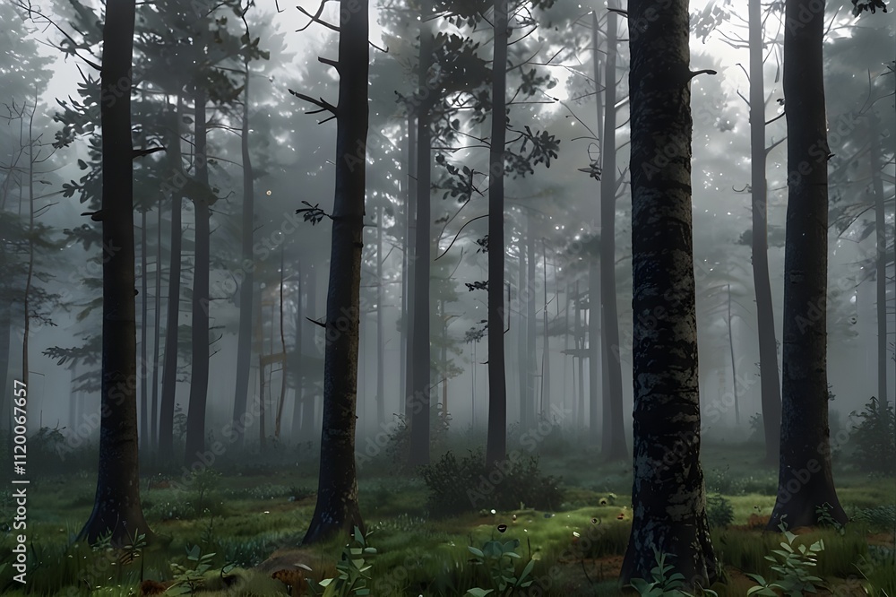 Obraz premium Trees in the fog. Smoke in the forest in the morning. Misty morning among the trees.