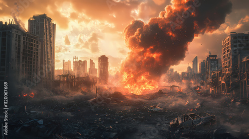 Post-apocalyptic landscape with cataclysmic impact generating fiery devastation and billowing smoke. Oblivion. Illustration
