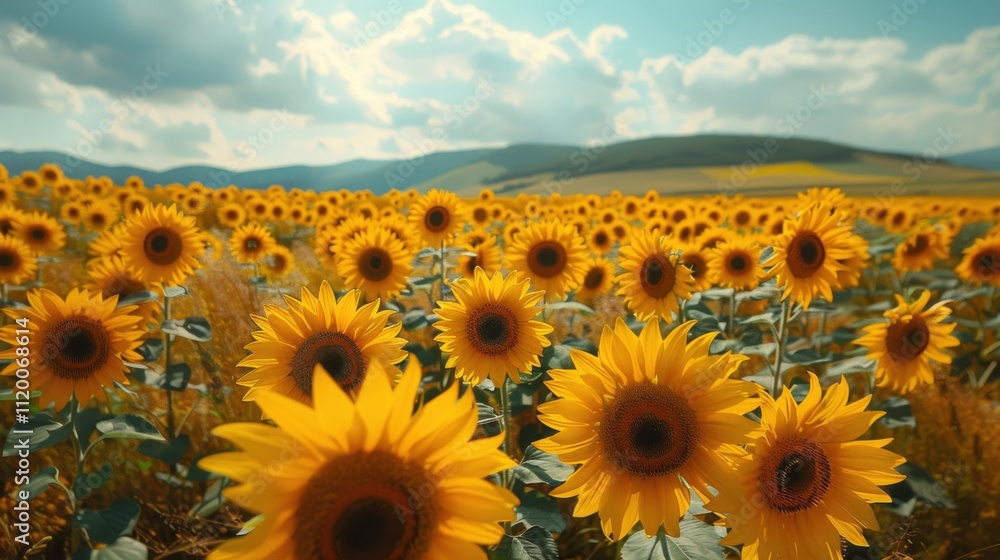 Obraz premium Sunflower Field Under Bright Summer Sky