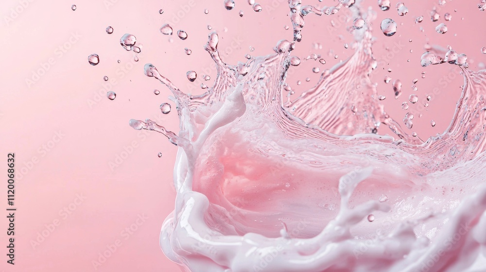 Splash of pink liquid with water droplets on pastel background Splash of pink liquid with water droplets on pastel background