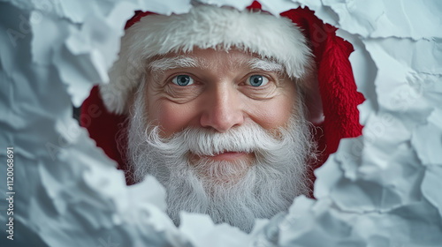 Santa Clause peeking through a paper hole christmas advertisement concept for web/wallapper/web/design/flyer photo