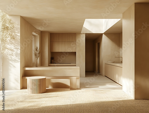  Modern red kitchen interior 3d Gentle Sands Sand beige pale peach soft yellow white Art Brut (Raw Art)