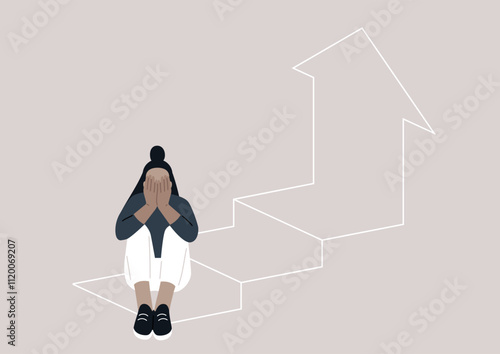 A figure sits with their head in their hands, embodying the emotional turmoil of confronting obstacles on a journey of self-improvement, against a backdrop of upward steps