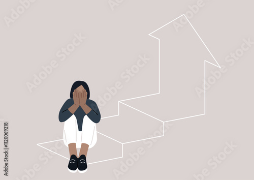 A figure sits with their head in their hands, embodying the emotional turmoil of confronting obstacles on a journey of self-improvement, against a backdrop of upward steps