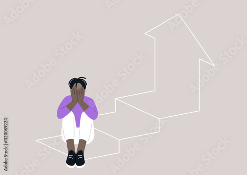 A figure sits with their head in their hands, embodying the emotional turmoil of confronting obstacles on a journey of self-improvement, against a backdrop of upward steps