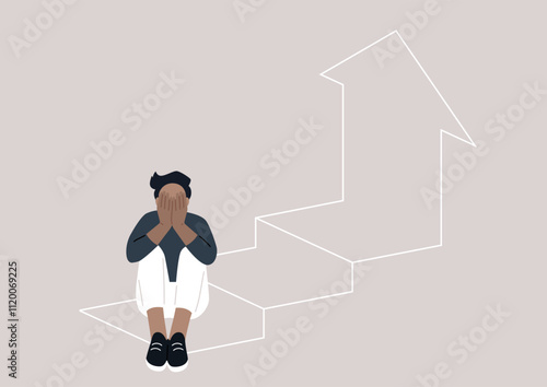 A figure sits with their head in their hands, embodying the emotional turmoil of confronting obstacles on a journey of self-improvement, against a backdrop of upward steps