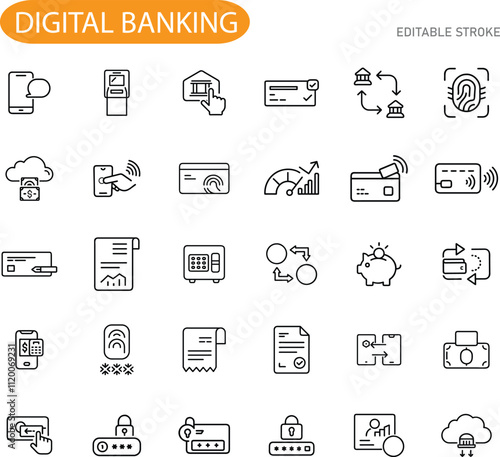 Digital Banking Icons Mobile Payments, ATM, Online Transactions, Security