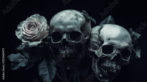 Vintage skull roses memento mori black background photography - gothic dark art still life. Oblivion. Illustration photo