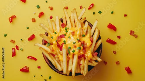 Cheese Fries Bacon Bowl Yellow Background Delicious Food