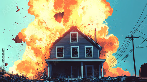 Witness the dramatic moment when a house is smashed to oblivion by explosive forces. Oblivion. Illustration
