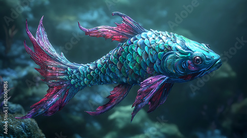  A 3D rendering of a bighead carp fish with dark green scales and red fins on a dark blue background Morning Dew Light green pale blue lavender soft gray Cultural Tribal Art