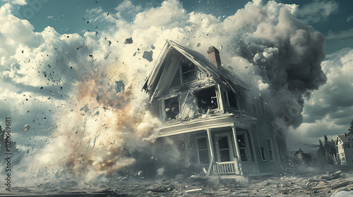 Witness the dramatic moment when a house is smashed to oblivion by explosive forces. Oblivion. Illustration