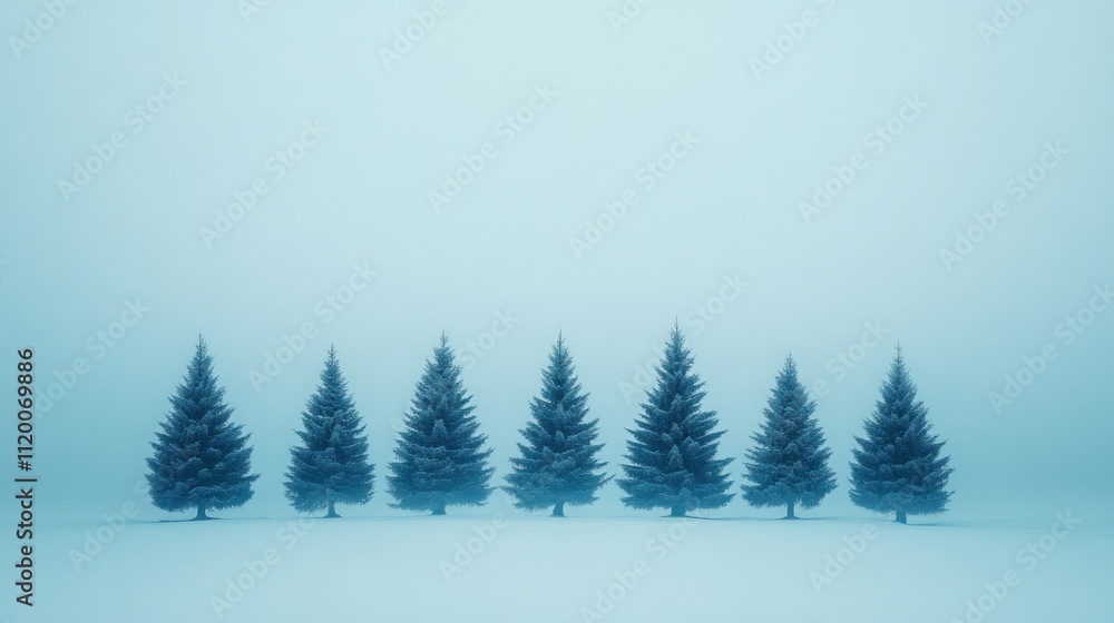 Fototapeta premium A row of six evergreen trees stand in a foggy, blue landscape.