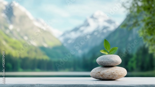 Tranquil stones with a sprout against a serene mountain backdrop.