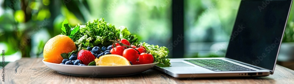 Fresh fruits and vegetables on a wooden table next to a laptop, showcasing a healthy lifestyle and productivity. Fresh fruits and vegetables on a wooden table next to a laptop, showcasing a healthy lifestyle and productivity.