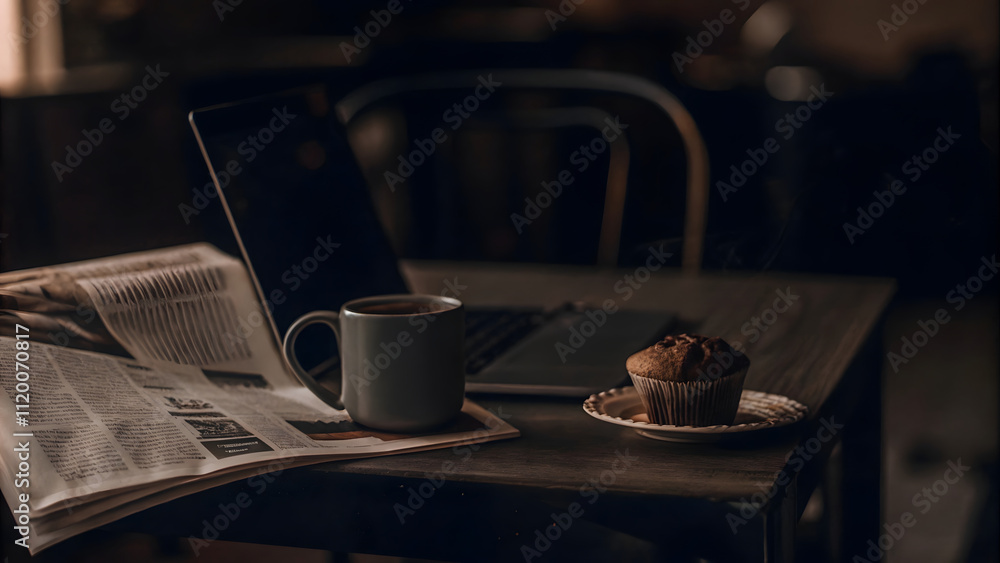 Coffee cup and newspaper on table in coffee shop, vintage style, business concept Coffee cup and newspaper on table in coffee shop, vintage style, business concept