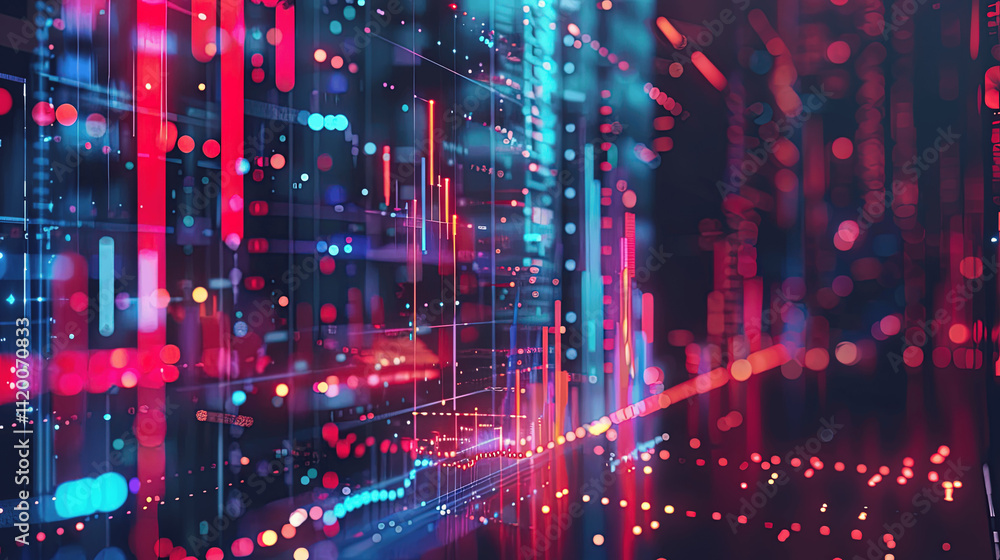 Obraz premium The image depicts an abstract representation of data using vibrant neon lights and graphical elements suggesting technological or financial trends.
