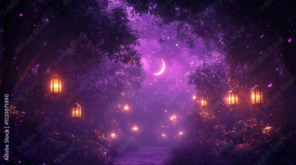 A mystical pathway through a moonlit forest, glowing with lanterns and a crescent moon in the sky. A mystical pathway through a moonlit forest, glowing with lanterns and a crescent moon in the sky.