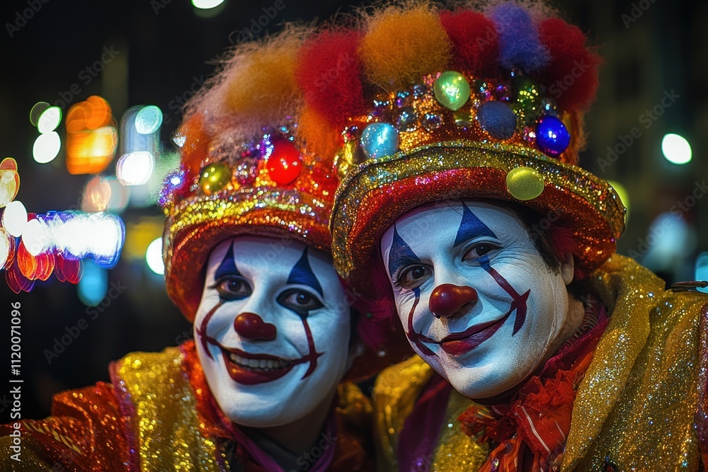 Two clowns in glittery costumes smiling during a nighttime carnival Two clowns in glittery costumes smiling during a nighttime carnival