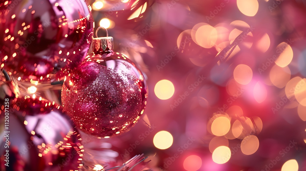 Sparkling pink decoration reflecting festive lights, creating a mesmerizing and enchanting effect in a close-up shot Sparkling pink decoration reflecting festive lights, creating a mesmerizing and enchanting effect in a close-up shot