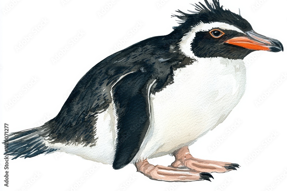 A transparent background watercolor painting of an isolated northern Antarctic bird, showcasing a hand-drawn rockhopper penguin. A transparent background watercolor painting of an isolated northern Antarctic bird, showcasing a hand-drawn rockhopper penguin.