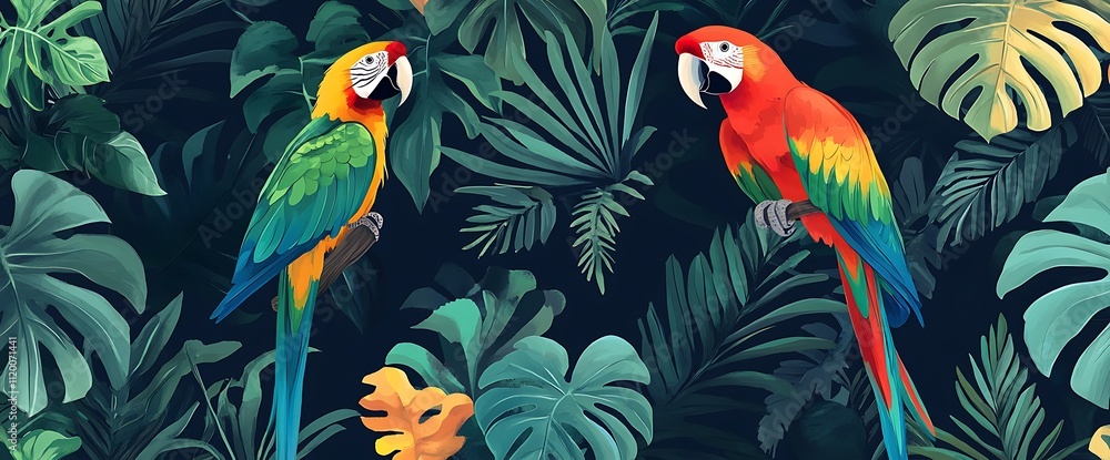 Two colorful parrots perched on branches in a lush tropical forest with vibrant foliage. Two colorful parrots perched on branches in a lush tropical forest with vibrant foliage.