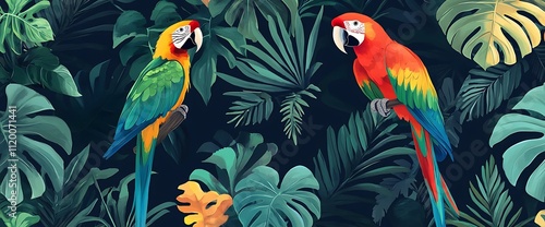 Two colorful parrots perched on branches in a lush tropical forest with vibrant foliage.