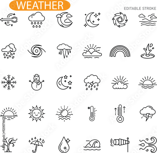 Weather Icons Sun, Rain, Snow, Wind, Clouds, Moon, Editable Stroke