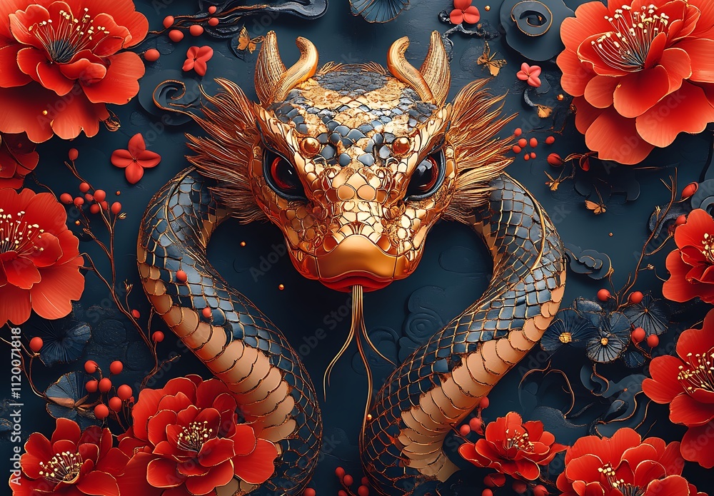 Obraz premium Snake with Red Flowers.