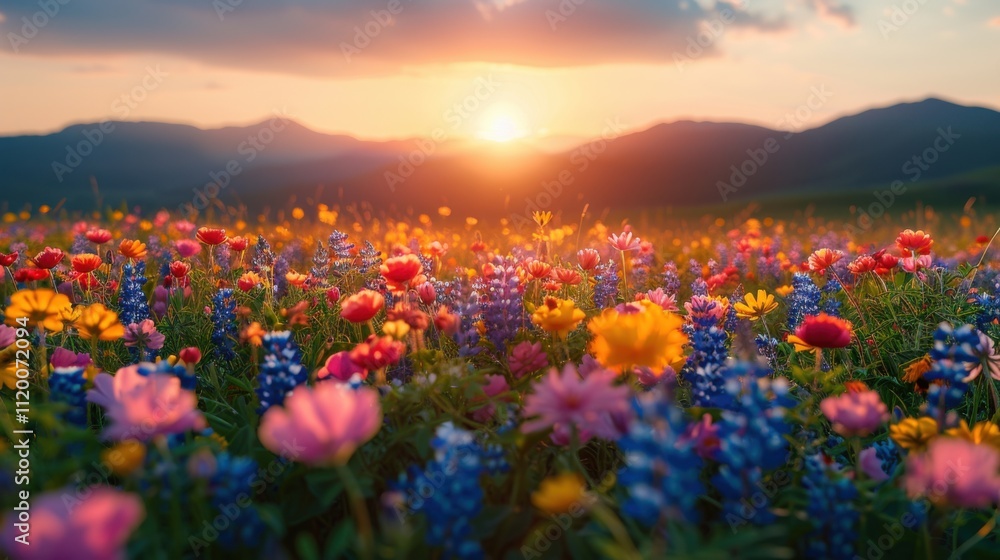 Vibrant Wildflowers on a Hillside in Morning Light Vibrant Wildflowers on a Hillside in Morning Light