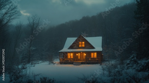 A cozy cabin glows with warm light amidst a snowy, misty forest.